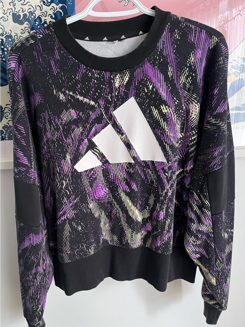 Vintage adidas Black Pullover Sweatshirt with Purple & Cream Graphic
